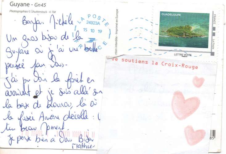 cpm Guyane multivues(timbrée lettre verte Guadeloupe 2019 )