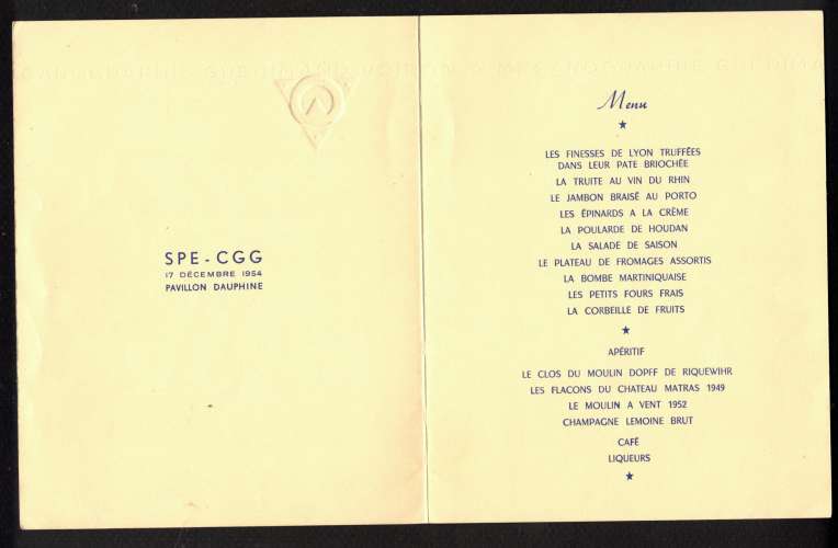 France  menu SPE  CGG  Schlumberger  17 décembre 1954 Pavillon Dauphine