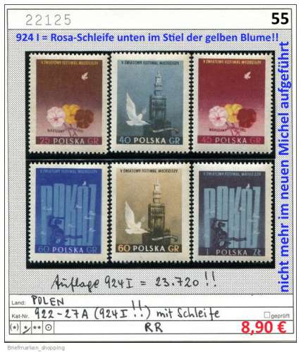Pologne 1955 - Michel 922-927 (924 = 924 I) - * mh
