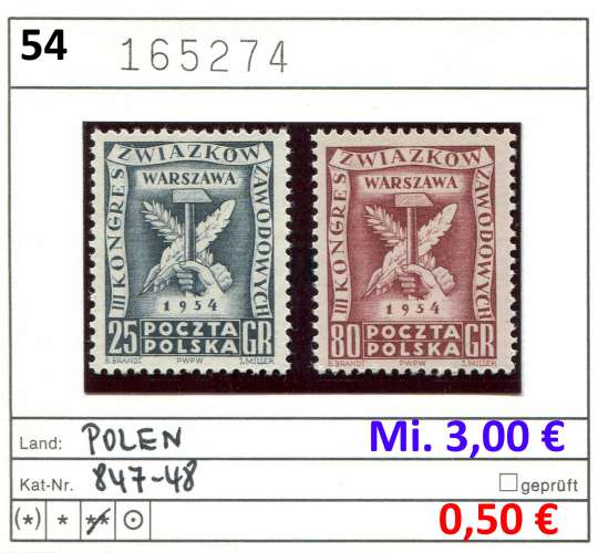 Pologne 1954 - Michel 847-848 - ** neuf mnh - 