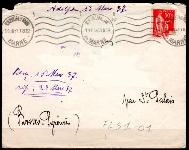 Dept 51 (Marne) MOURMELON-LE-GRAND 1937 > Flamme continu 5LO