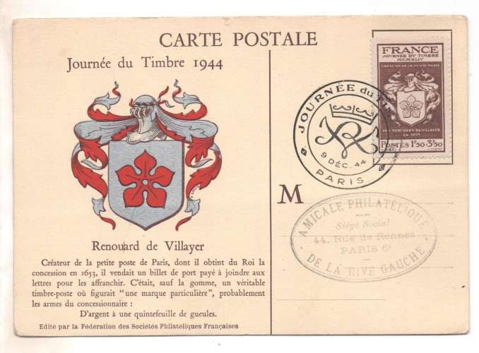 Carte-Maximum Journée du timbre 1944 YT 668 ( Blason )