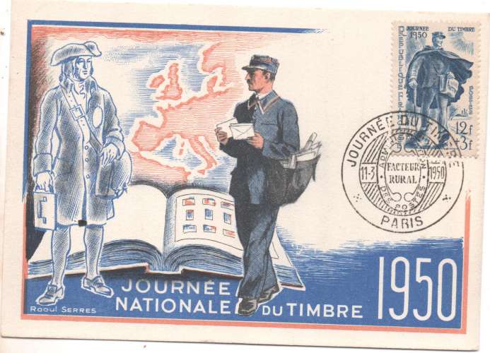 France- carte maximum 1950 Journée du timbre Paris Facteur rural