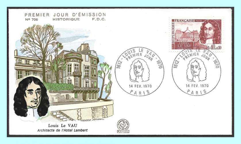 France FDC N° 1623 Louis le Vau 1970 Architecte