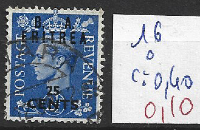 ERYTHREE OCCUPATION BRITANNIQUE 16 oblitéré côte 0.40 €