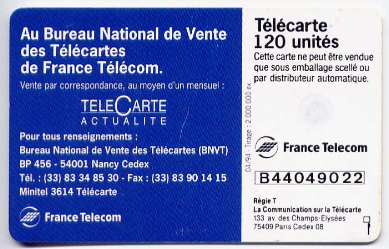 Télécarte 120 Unités n° F462 France 04/94 - BNVT