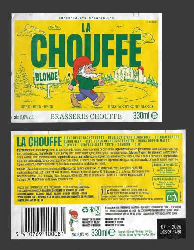 Etiquettes Bière - Brasserie La Chouffe - 8% alc vol - 33cl.