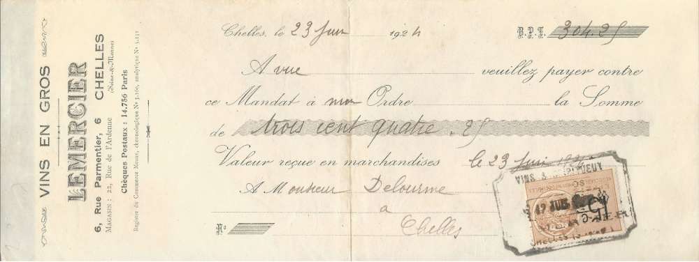 Mandat Lemercier - Vins en gros - Chelles - Timbre effets 15c (1924)