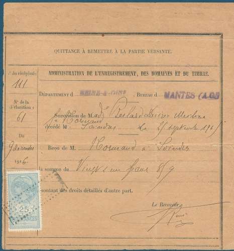 Timbre quittance 25c sur reçu du 9 décembre 1916