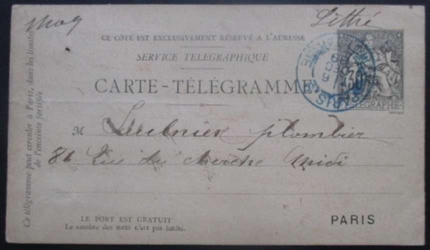 FRANCE Carte-télégramme de 1889