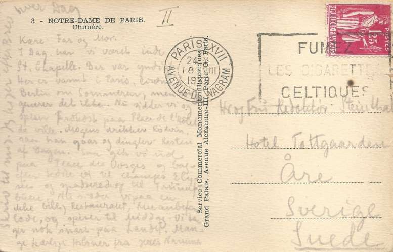 Carte postale Notre-Dame de Paris - Chimère - ayant voyagé pour la Suède en 1939