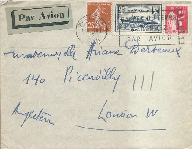 Lettre pour Londres par avion affranchie à 2F25 - voir description