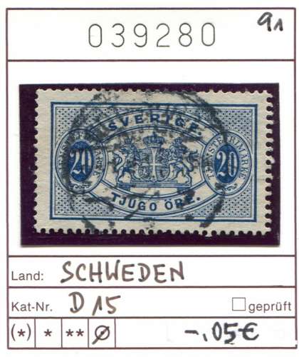 Suède 1891 - Michel Dienst / Service 15  - oo oblit. - 