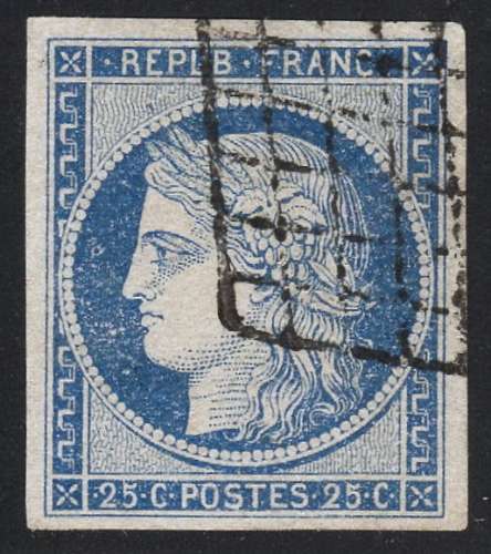 France 1850 : Cérès n° 4 25c bleu obl. grille / TB