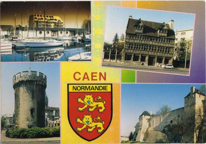Caen (14), CPM, 4 vues emblématiques & blason de Normandie