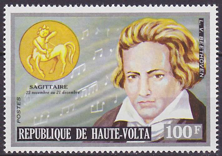 Timbre neuf ** n° 316(Yvert) Haute-Volta 1974 - Sagittaire et Beethoven
