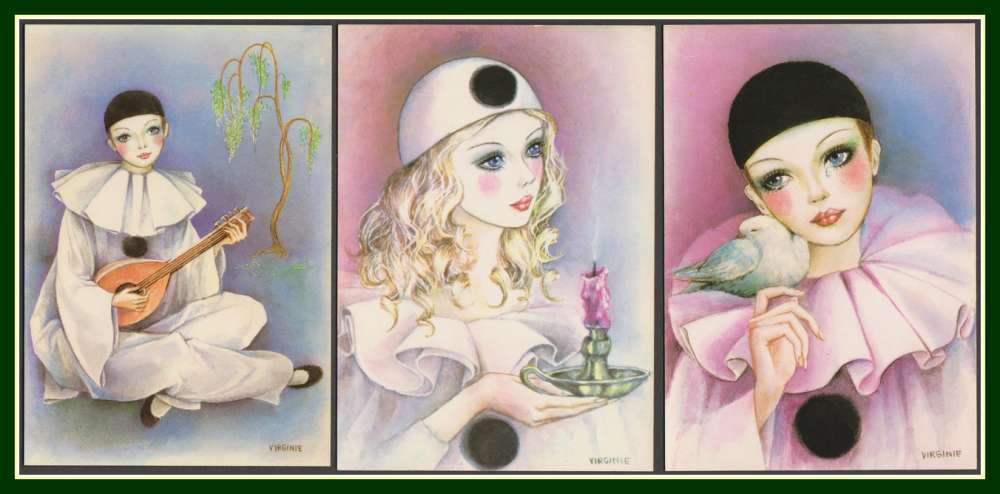 Lot 3 CP illustratrice Virginie, Pierrot et Colombine, neuves 