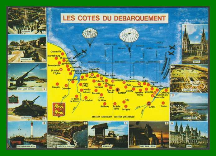 CPM géographique multivues neuve, Les Côtes du Débarquement, Ed. Artaud