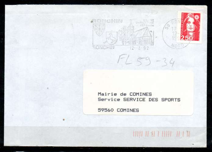 Dept 59 (Nord) RONCHIN 1992  > FG illustrée / Blasons – Eglise