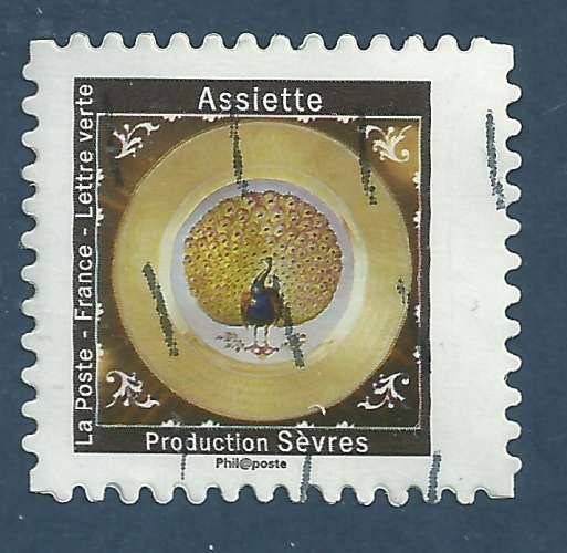 YT 1782 autocollant - Assiette - faïence de Sèvres - Paon