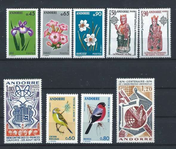 Andorre Lot 9 Tp Neuf** (MNH) Année 1974