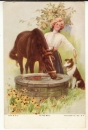 miniature cpa  Femme  avec un cheval et un  chien 