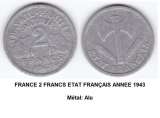 FRANCE 2 FRANCS FRANCISQUE ANNEE 1943