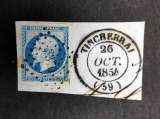 miniature N° 14 - 20 c. bleu sur fragment - Cote 100 €
