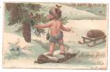 cpa gaufrée Joyeux Noël  petit enfant   oiseaux , luge 
